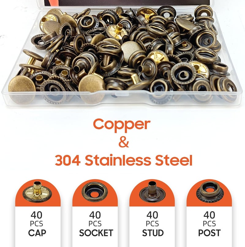 HAPDEN 160 pcs snap Buttons,snap Fasteners kit 15mm Stainless Steel Snaps Marine Grade Boat Canvas Snaps,3/8" Socket Metal Snaps for Clothing Leather Boat Cover Fabric (Bronze) - Image 4